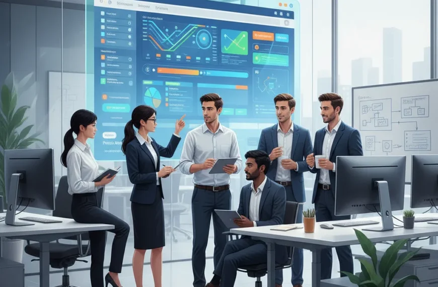 A business team collaborating on custom web application development in a modern office setting with a digital interface on a large screen.