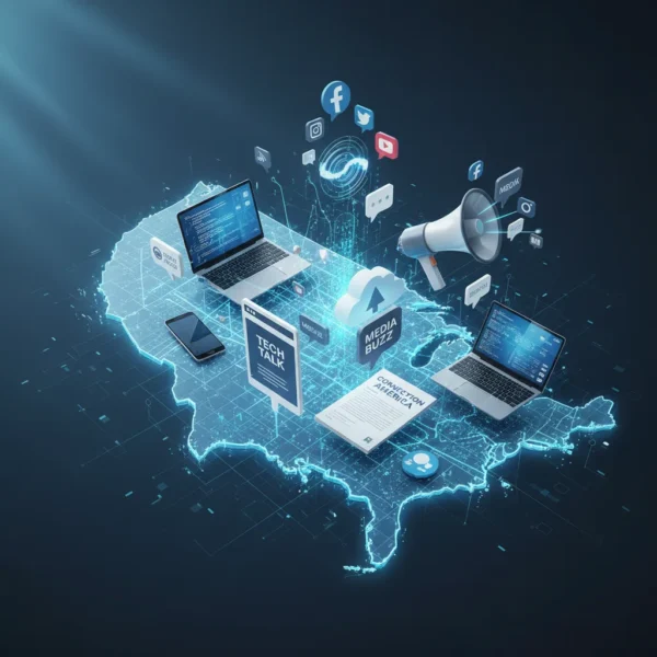 Illustration of a PR strategy for US tech brands, featuring technology icons, PR elements, and a US map with a digital grid overlay.