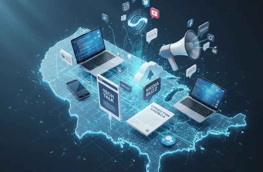 Illustration of a PR strategy for US tech brands, featuring technology icons, PR elements, and a US map with a digital grid overlay.