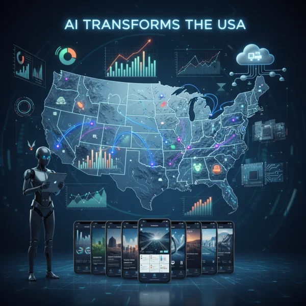 A detailed map of the USA with glowing AI neural networks, data analytics visuals, and futuristic technology elements like robots, cloud computing, and mobile apps, symbolizing AI's transformative role in the US market.