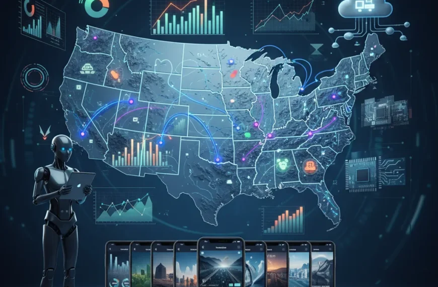 A detailed map of the USA with glowing AI neural networks, data analytics visuals, and futuristic technology elements like robots, cloud computing, and mobile apps, symbolizing AI's transformative role in the US market.