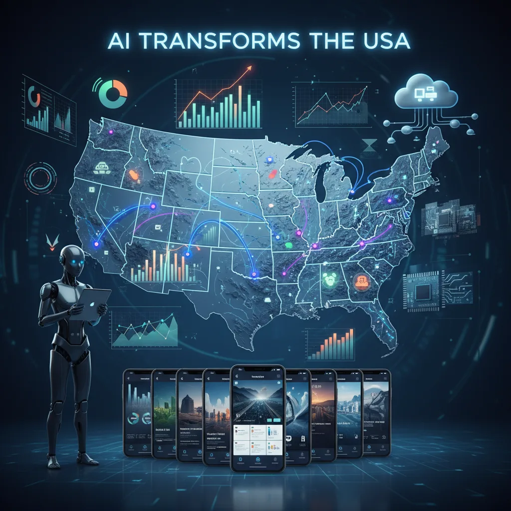 A detailed map of the USA with glowing AI neural networks, data analytics visuals, and futuristic technology elements like robots, cloud computing, and mobile apps, symbolizing AI's transformative role in the US market.