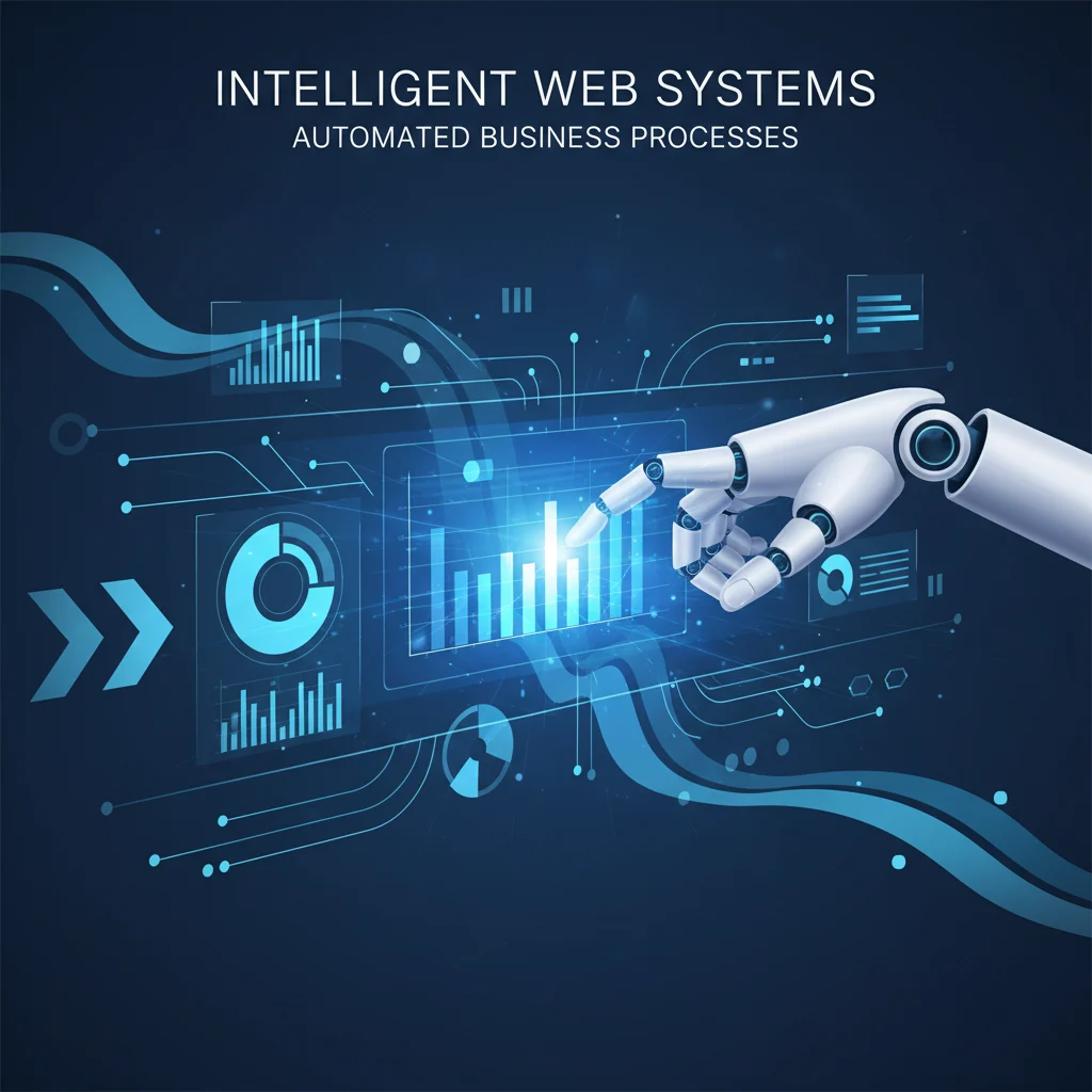 A clean and modern illustration of Intelligent Web Systems automating business processes with a sleek digital interface, robotic arm, and data analytics in a minimalistic style.