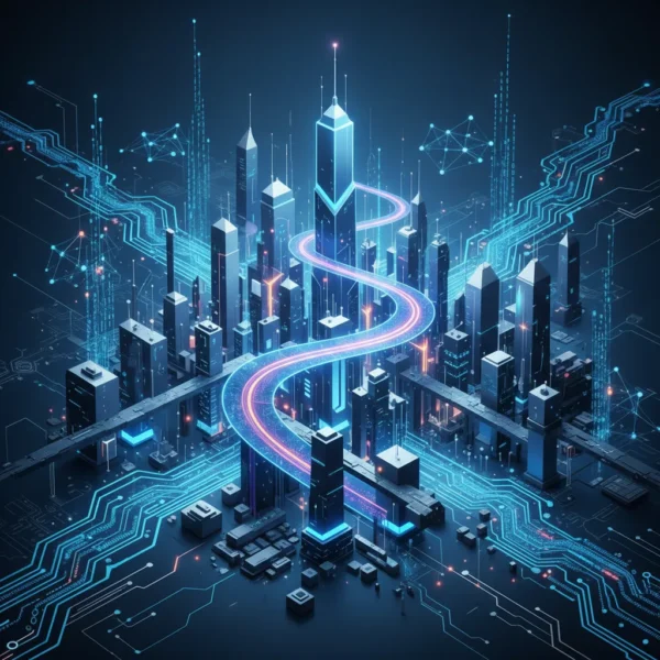 Futuristic digital cityscape with adaptive pathways and abstract technology elements, symbolizing innovation and strategic progress in AI development.