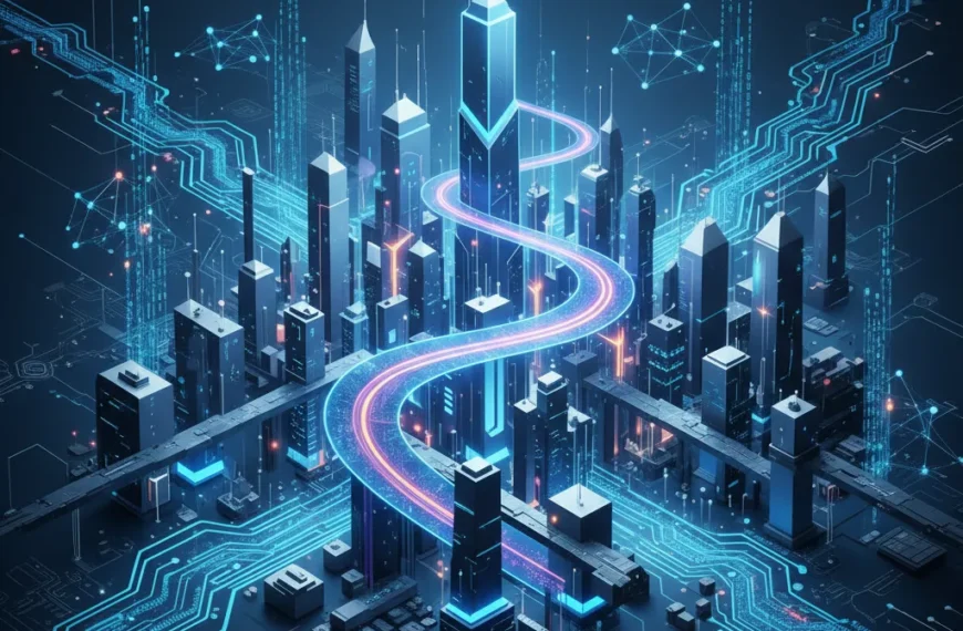 Futuristic digital cityscape with adaptive pathways and abstract technology elements, symbolizing innovation and strategic progress in AI development.