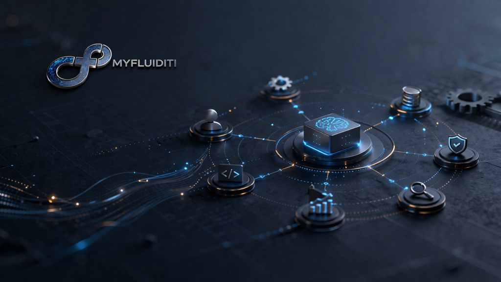 AI agent orchestration system with connected nodes, central intelligence hub, and MyFluiditi branding