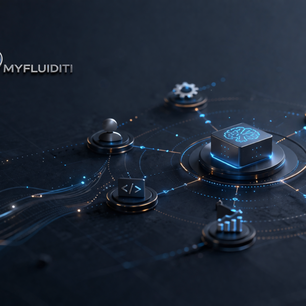 AI agent orchestration system with connected nodes, central intelligence hub, and MyFluiditi branding