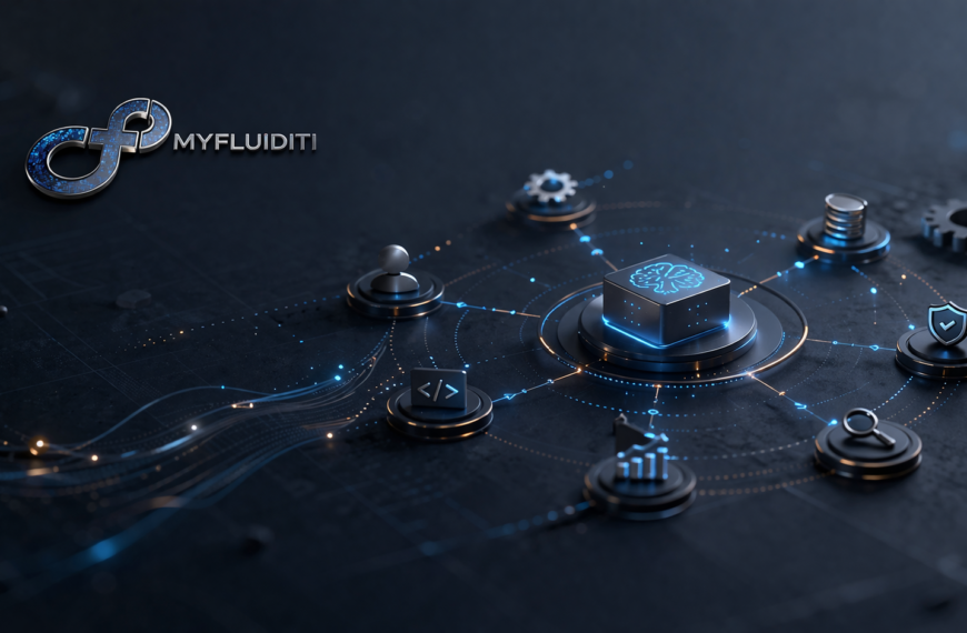 AI agent orchestration system with connected nodes, central intelligence hub, and MyFluiditi branding