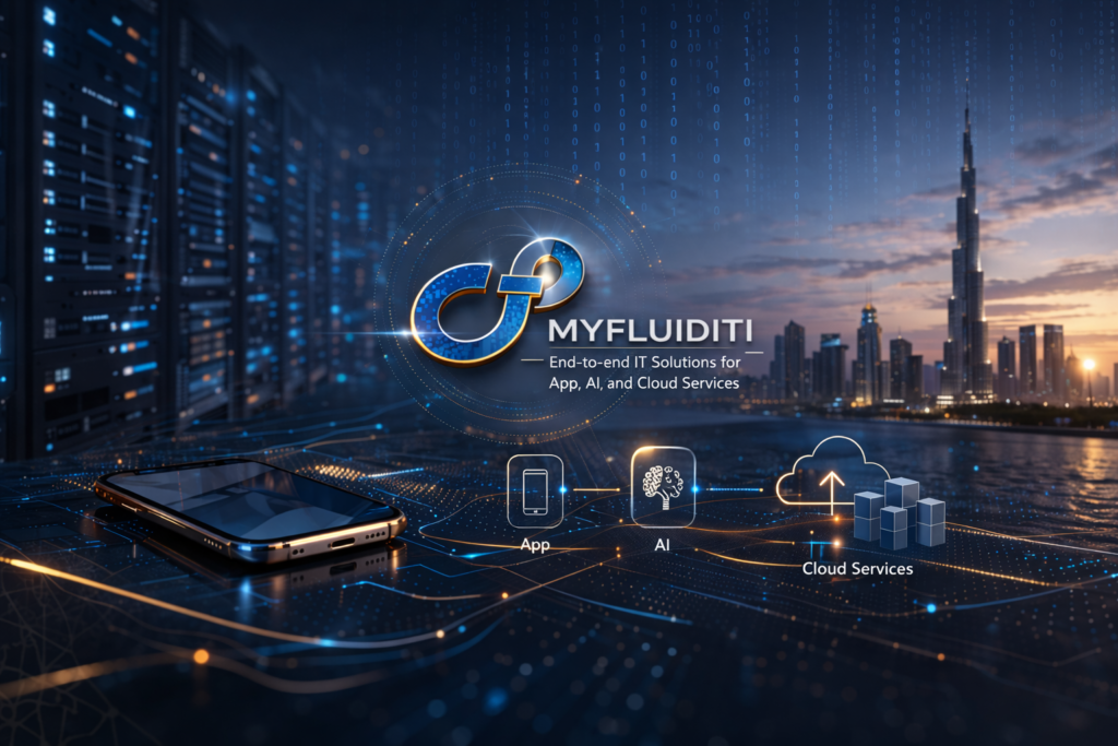 Futuristic digital background showing cloud computing, AI, and app development with a modern city skyline and glowing data connections.