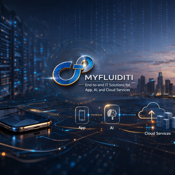 Futuristic digital background showing cloud computing, AI, and app development with a modern city skyline and glowing data connections.