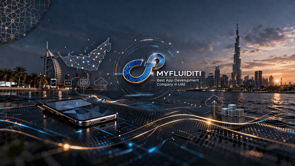 Best app development company in UAE visual with MyFluiditi logo and Dubai skyline showcasing mobile and AI technology