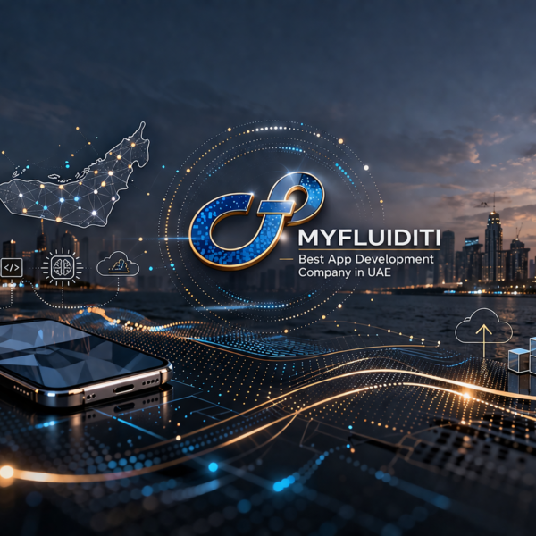 Best app development company in UAE visual with MyFluiditi logo and Dubai skyline showcasing mobile and AI technology