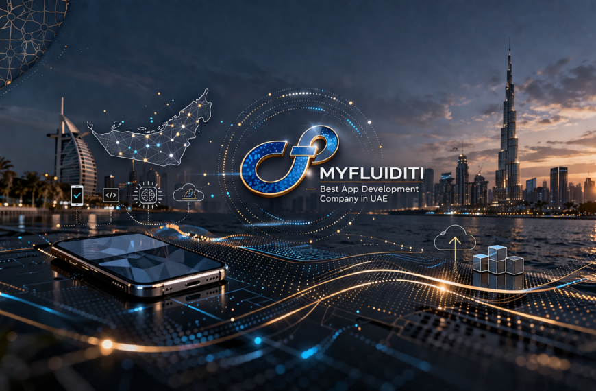 Best app development company in UAE visual with MyFluiditi logo and Dubai skyline showcasing mobile and AI technology