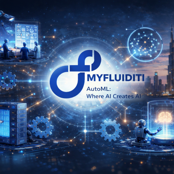 Futuristic digital illustration of AutoML with the MyFluiditi logo at the center, surrounded by AI robots, data networks, servers, and a smart city skyline representing automated machine learning.