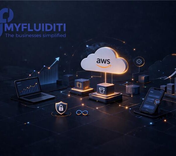 Futuristic cloud computing illustration showing scalable AWS infrastructure with interconnected servers, analytics, mobile, and security elements, featuring a visible MyFluiditi logo in a dark tech environment.