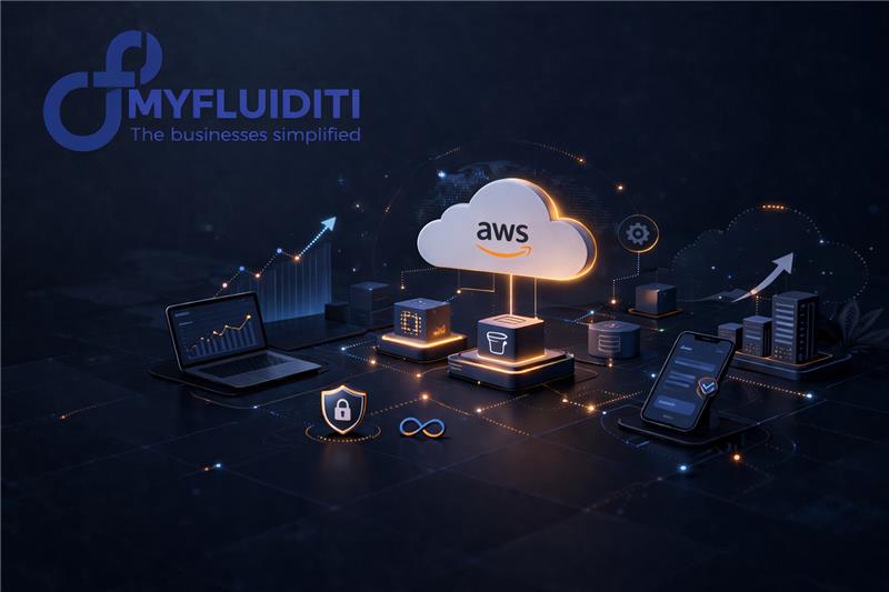 Futuristic cloud computing illustration showing scalable AWS infrastructure with interconnected servers, analytics, mobile, and security elements, featuring a visible MyFluiditi logo in a dark tech environment.