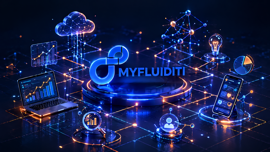 3D digital illustration with the MyFluiditi logo at the center surrounded by interconnected devices, analytics visuals, and digital platforms representing a zero-click marketing ecosystem.