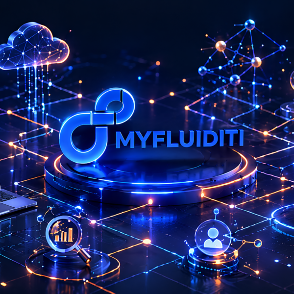 3D digital illustration with the MyFluiditi logo at the center surrounded by interconnected devices, analytics visuals, and digital platforms representing a zero-click marketing ecosystem.