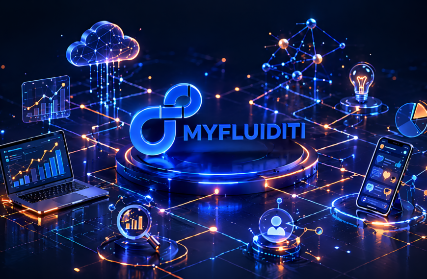 3D digital illustration with the MyFluiditi logo at the center surrounded by interconnected devices, analytics visuals, and digital platforms representing a zero-click marketing ecosystem.
