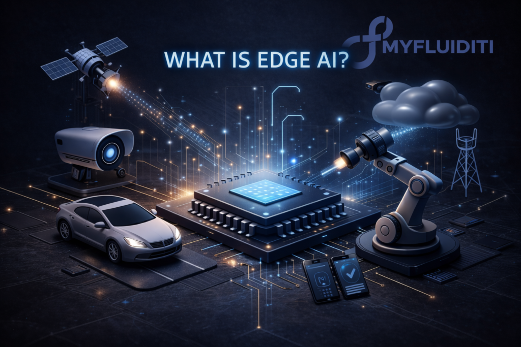 3D illustration of Edge AI showing a central processor connected to devices like a car, camera, robotic arm, and mobile phones with the MyFluiditi logo in a dark futuristic theme