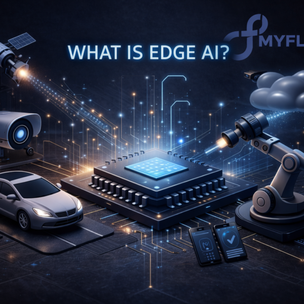 3D illustration of Edge AI showing a central processor connected to devices like a car, camera, robotic arm, and mobile phones with the MyFluiditi logo in a dark futuristic theme
