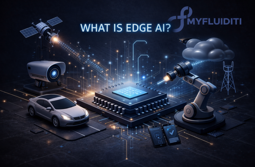 3D illustration of Edge AI showing a central processor connected to devices like a car, camera, robotic arm, and mobile phones with the MyFluiditi logo in a dark futuristic theme