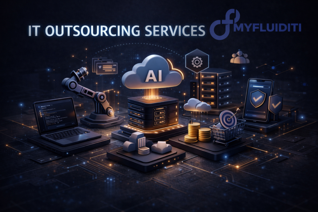 3D illustration of IT outsourcing showing AI cloud, servers, robotic automation, laptop coding, and connected devices with MyFluiditi logo in a dark futuristic theme