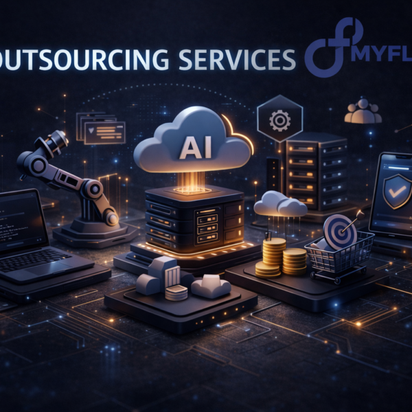 3D illustration of IT outsourcing showing AI cloud, servers, robotic automation, laptop coding, and connected devices with MyFluiditi logo in a dark futuristic theme