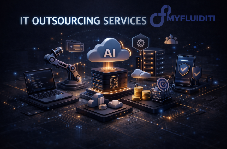 3D illustration of IT outsourcing showing AI cloud, servers, robotic automation, laptop coding, and connected devices with MyFluiditi logo in a dark futuristic theme