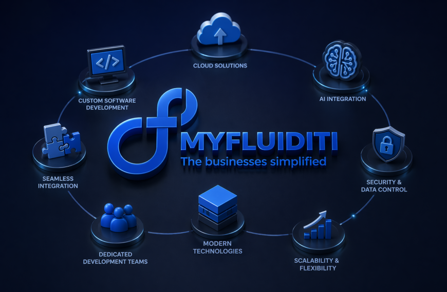 3D futuristic visual featuring the MyFluiditi logo at the center, surrounded by interconnected icons representing custom software development, cloud solutions, AI integration, scalability, security, and modern technologies on a dark blue background.