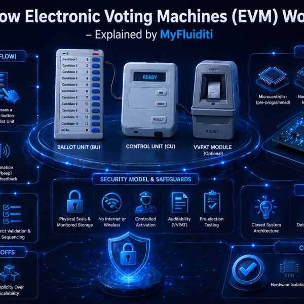 Futuristic blue 3D infographic showing the working of Electronic Voting Machines with ballot unit, control unit, VVPAT module, system flow steps, hardware architecture, and security elements, styled with glowing neon lines and MyFluiditi branding.