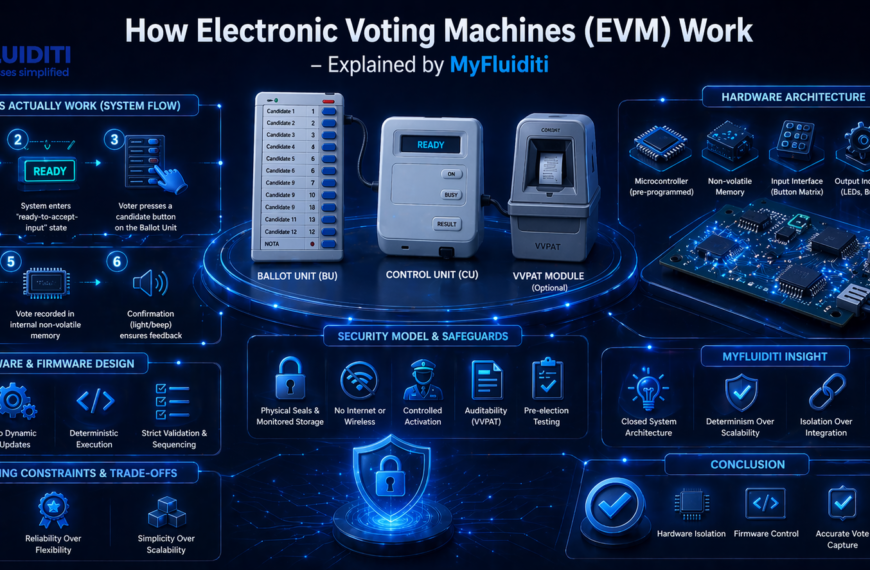 Futuristic blue 3D infographic showing the working of Electronic Voting Machines with ballot unit, control unit, VVPAT module, system flow steps, hardware architecture, and security elements, styled with glowing neon lines and MyFluiditi branding.