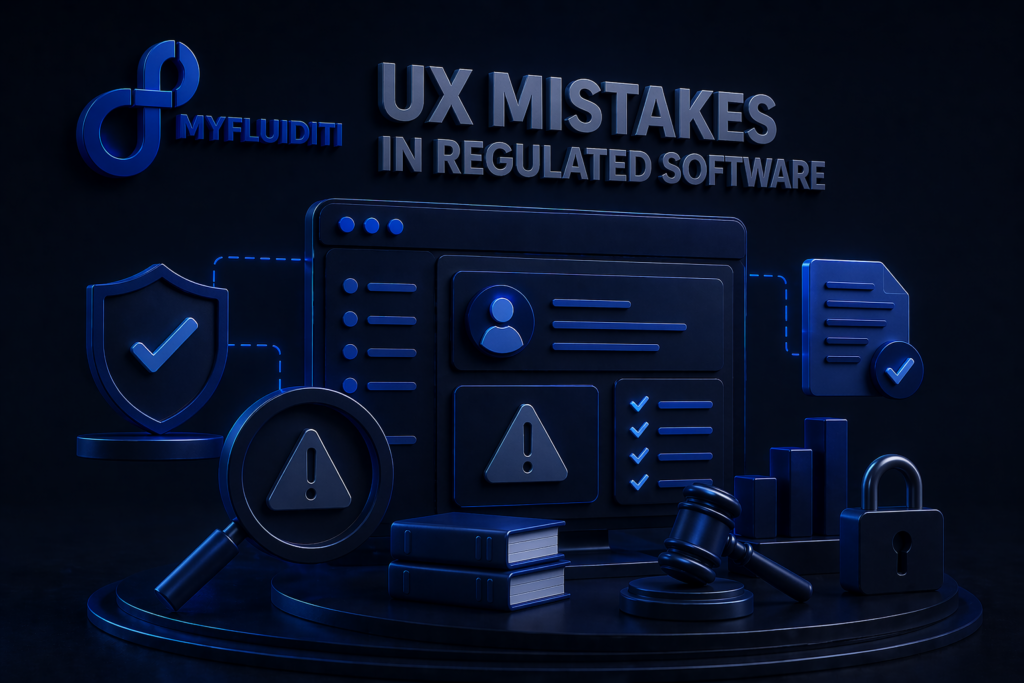 Dark-themed 3D illustration showing a regulated software interface with security, compliance, and audit elements, featuring the MyFluiditi logo and the title “UX Mistakes in Regulated Software”
