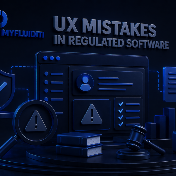 Dark-themed 3D illustration showing a regulated software interface with security, compliance, and audit elements, featuring the MyFluiditi logo and the title “UX Mistakes in Regulated Software”