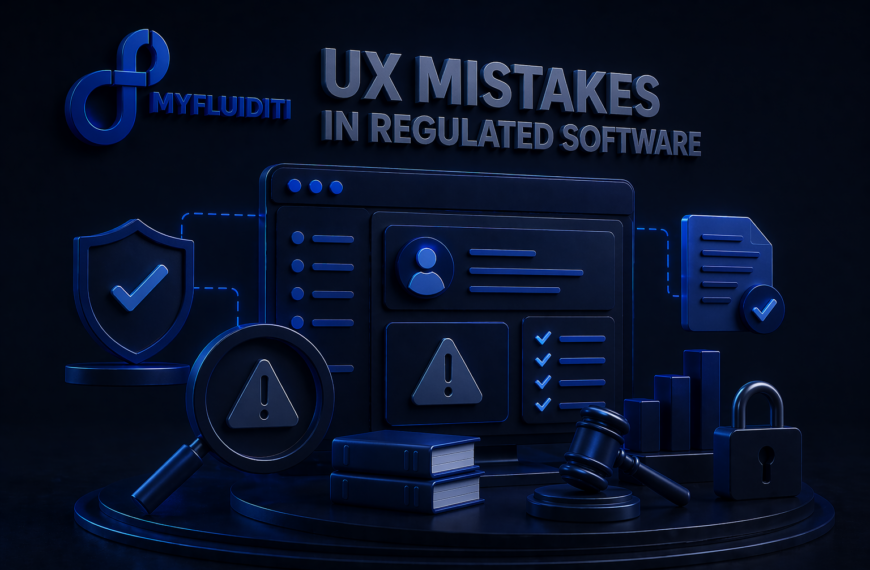 Dark-themed 3D illustration showing a regulated software interface with security, compliance, and audit elements, featuring the MyFluiditi logo and the title “UX Mistakes in Regulated Software”