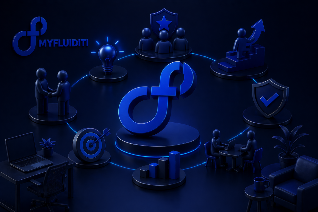 Dark-themed 3D illustration featuring the MyFluiditi logo at the center, surrounded by symbolic elements representing teamwork, growth, innovation, security, and collaboration in a modern workplace