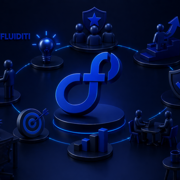 Dark-themed 3D illustration featuring the MyFluiditi logo at the center, surrounded by symbolic elements representing teamwork, growth, innovation, security, and collaboration in a modern workplace