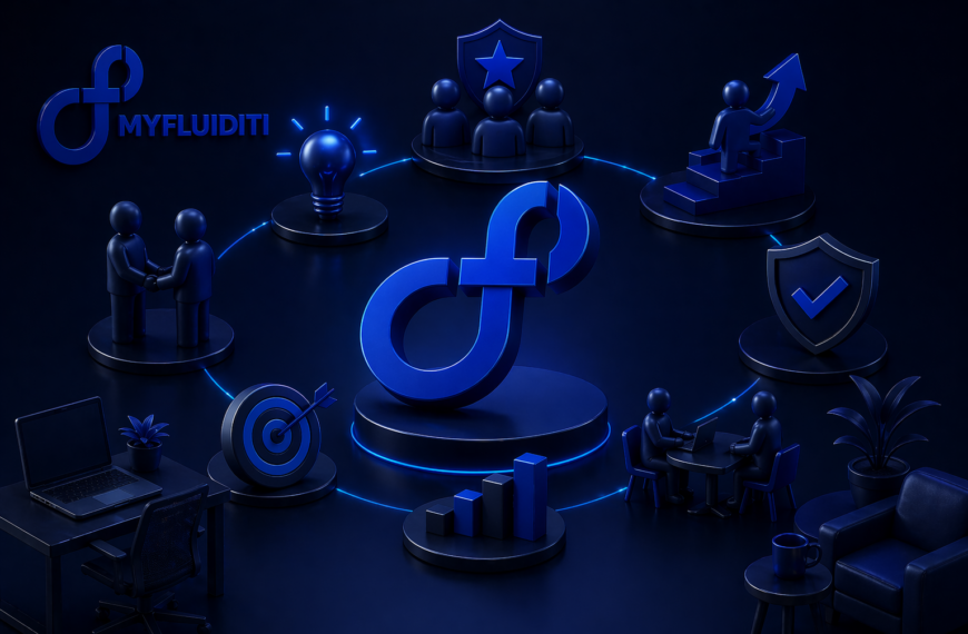 Dark-themed 3D illustration featuring the MyFluiditi logo at the center, surrounded by symbolic elements representing teamwork, growth, innovation, security, and collaboration in a modern workplace
