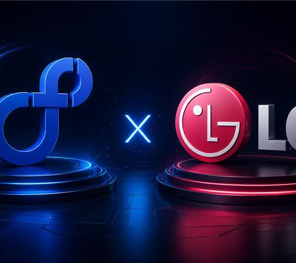Futuristic digital illustration showing a collaboration between a blue infinity-style tech logo and the LG logo with glowing neon lighting on a dark background