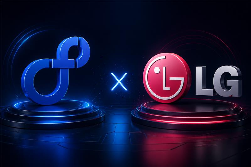 Futuristic digital illustration showing a collaboration between a blue infinity-style tech logo and the LG logo with glowing neon lighting on a dark background
