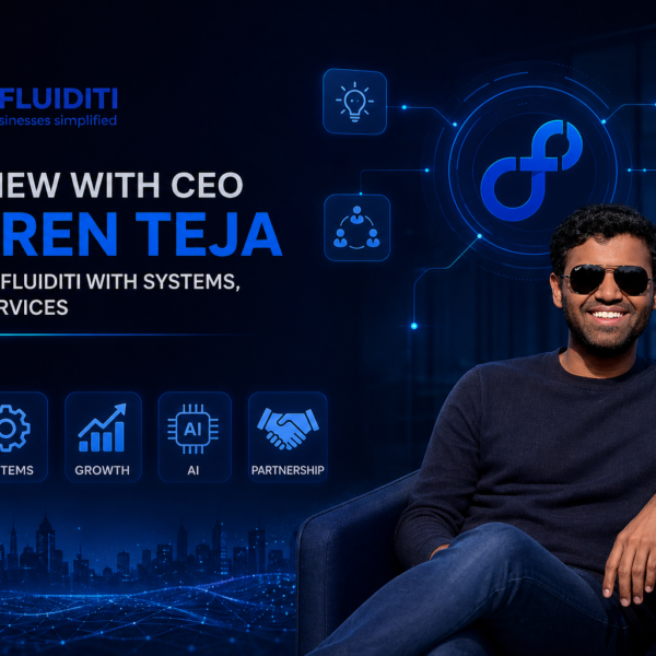 Dark-themed professional banner featuring MyFluiditi branding, a portrait of CEO Charen Teja seated confidently, and digital icons representing vision, systems, growth, AI, and partnerships in a futuristic interface