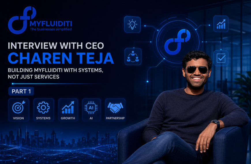 Dark-themed professional banner featuring MyFluiditi branding, a portrait of CEO Charen Teja seated confidently, and digital icons representing vision, systems, growth, AI, and partnerships in a futuristic interface