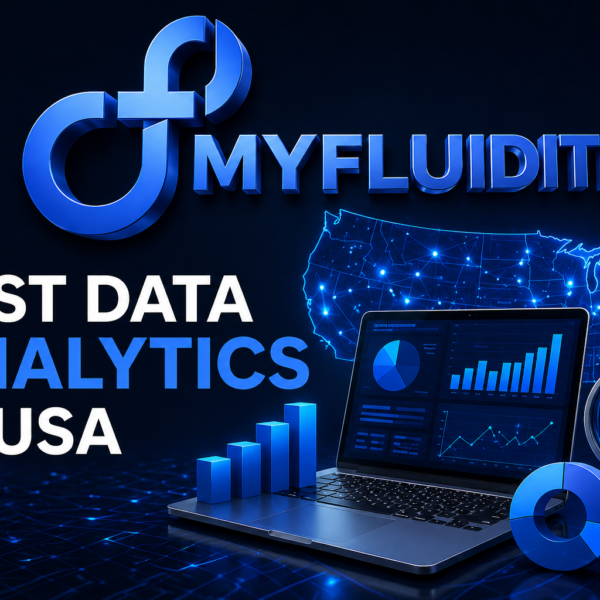 3D MyFluiditi logo with futuristic data analytics visuals, including charts, laptop dashboard, and USA digital map.