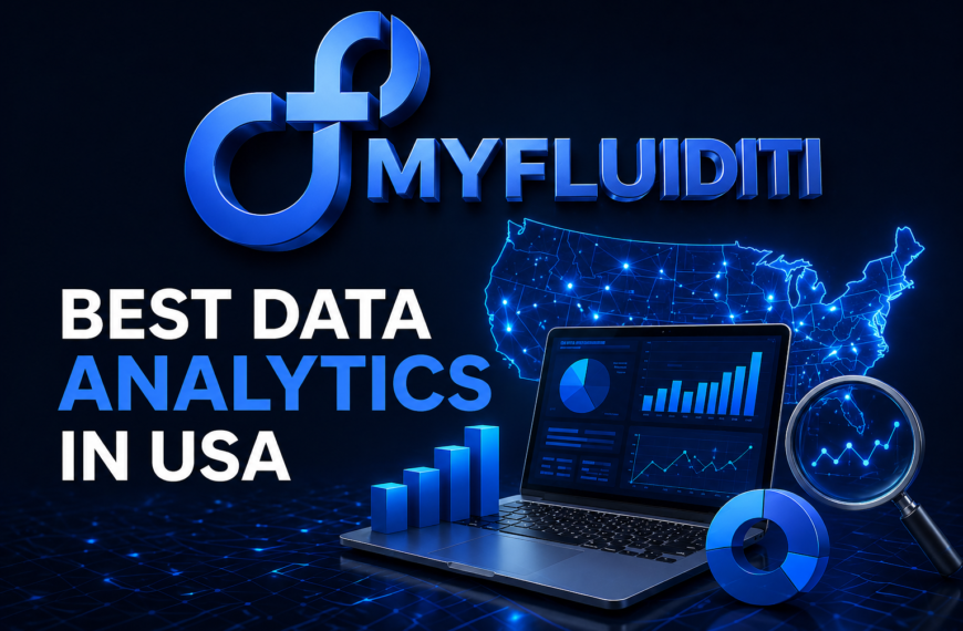 3D MyFluiditi logo with futuristic data analytics visuals, including charts, laptop dashboard, and USA digital map.