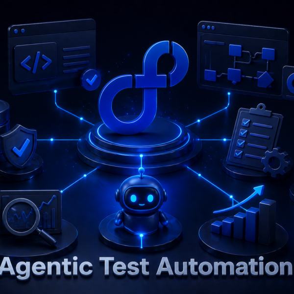 Agentic test automation concept with AI bot, data analytics, and software testing workflow visualization