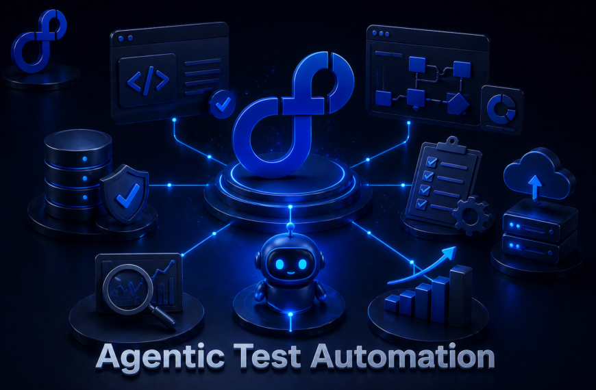 Agentic test automation concept with AI bot, data analytics, and software testing workflow visualization