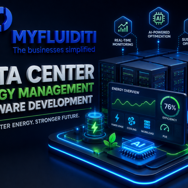 A 3D promotional graphic for MYFLUIDITI focusing on "DATA CENTER ENERGY MANAGEMENT SOFTWARE DEVELOPMENT." The image features a digital dashboard showing 76% efficiency alongside server racks, an AI processor, and icons for real-time monitoring and sustainable operations.