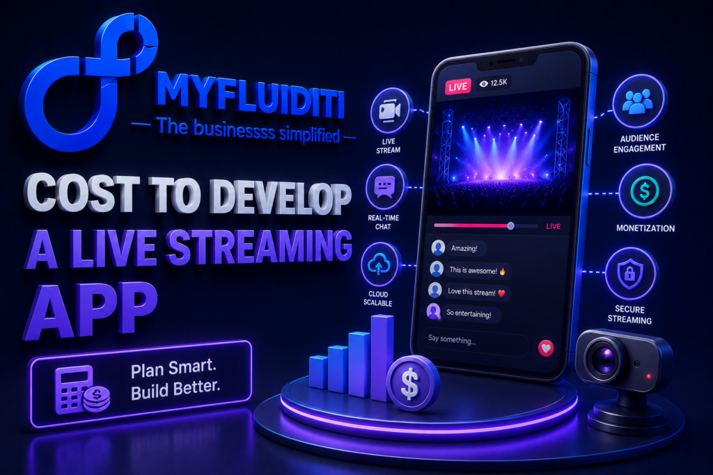 A 3D marketing graphic for MYFLUIDITI detailing the "COST TO DEVELOP A LIVE STREAMING APP." The image displays a smartphone broadcasting a live concert with interactive real-time chat, a camera sensor, and floating feature nodes for monetization and engagement.