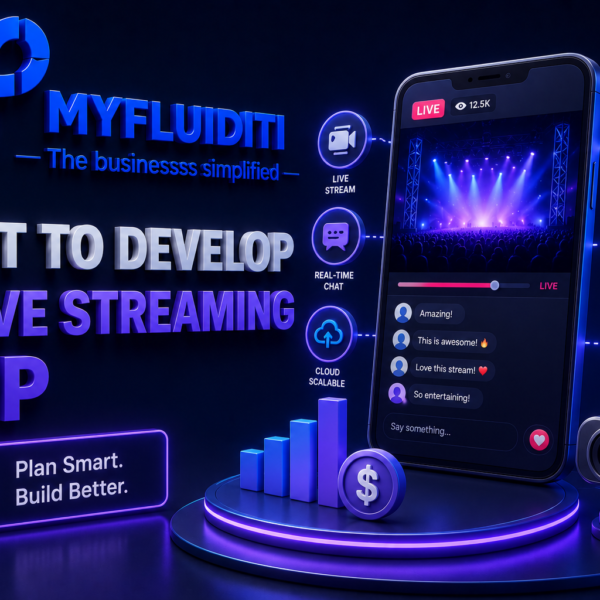 A 3D marketing graphic for MYFLUIDITI detailing the "COST TO DEVELOP A LIVE STREAMING APP." The image displays a smartphone broadcasting a live concert with interactive real-time chat, a camera sensor, and floating feature nodes for monetization and engagement.