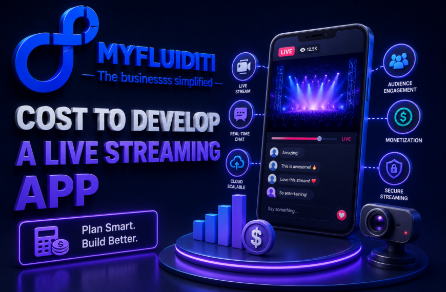 A 3D marketing graphic for MYFLUIDITI detailing the "COST TO DEVELOP A LIVE STREAMING APP." The image displays a smartphone broadcasting a live concert with interactive real-time chat, a camera sensor, and floating feature nodes for monetization and engagement.